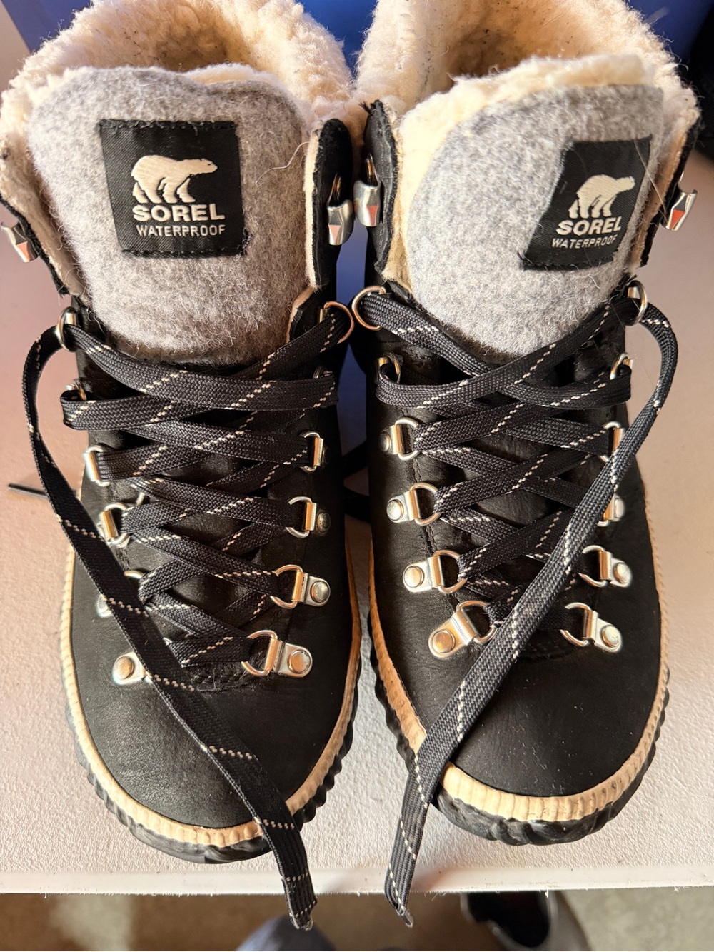Sorel Women’s Black Winter Lace-Up Boots with Cream Faux Fur, Waterproof